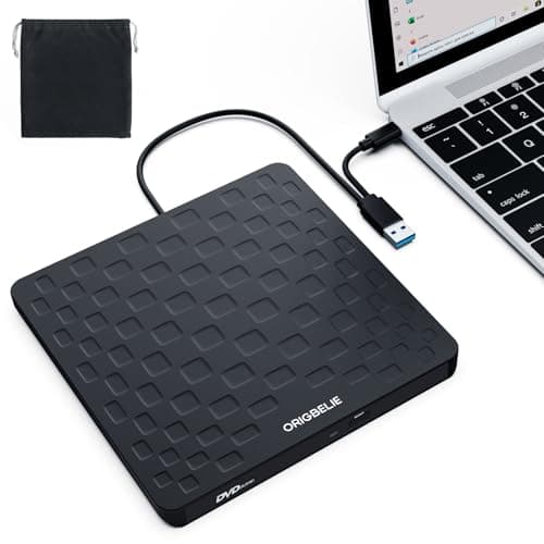 Image of ORIGBELIE External CD DVD Drive for Laptop, USB 3.0 Type-C Ultra Slim 13mm DVD Player Portable CD DVD +/-RW Drive CD Burner Reader Writer Recorder for Desktop PC Windows 11/10/8/7 Linux Mac OS (Black)