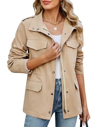 Image of CMTOP Women's Jackets Lightweight Cotton Short Jackets Zip Up Utility Jacket, Casual Work Shacket Windproof Outerwear with Multiple Pockets for Spring Summer Autumn(Light Khaki,XXL