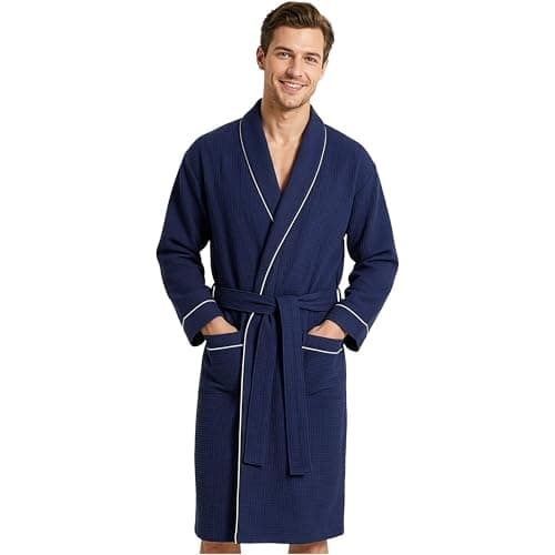 Image of Get Trend Men’s Waffle Bathrobes M-3XL, Shawl Collar Robes, Lightweight Men’s Dressing Gown, Cosy Housecoat Loungewear, Gifts for Him (M, Navy)