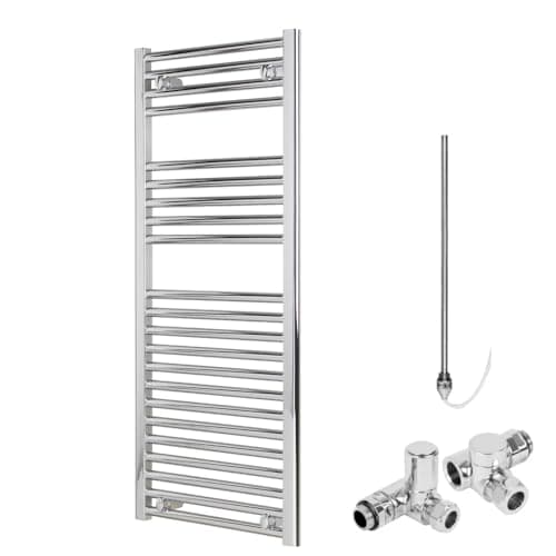 Image of Bray Straight Chrome Dual Fuel Heated Towel Rail/Warmer/Radiator For Central Heating And Electric. Round Tube Ladder Design, 1000 x 500