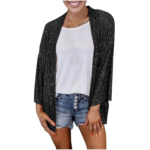 Image of Mrat Sequin Jackets For Women Sparkle Lightweight Jacket Party Clubwear Glitter Shrug Sequin Cardigan Ladies 3/4 Sleeve Cardigans Loose Fit Shirts Shimmer Metallic Open Front Tops Festival Outfit