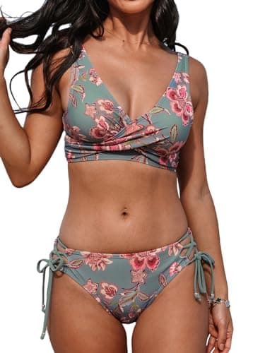 Image of CUPSHE Women's Bikini Set Twist Front Tie Side Bikini Swimsuit Two Piece Swimwear Bathing Suits Grey Green/Red M