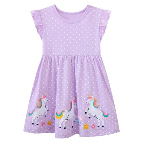 Image of Baogaier Girls Dress Cotton Summer Ruffle Sleeve Soft Purple Polka Dot Horse Pattern Dresses Casual Elegant Round Neck Birthday Party Daily Princess T-Shirt Dress Baby Girls 2-3 Years