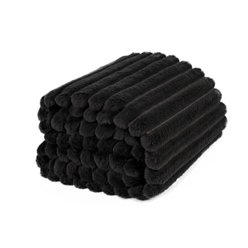 Image of OHS Faux Fur Ribbed Throw Blanket for Sofa, Super Soft Cosy Warm Winter Thick Fleece Blanket for Bed Decorative Fluffy Double Bed Throws Over Sofas Couch, Black - 150 x 200cm