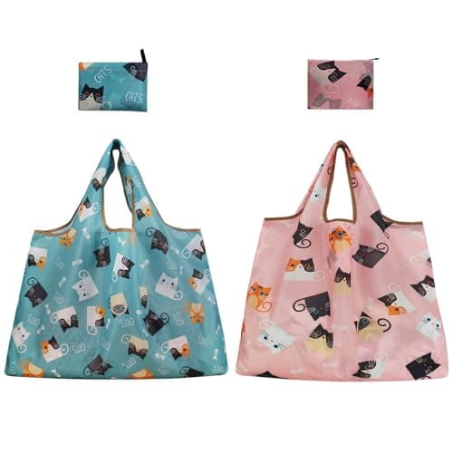 Image of Raheem 2 Pack Large Foldable Reusable Eco-Friendly Tote Shopping Bags 22.8×26.8 in with Cat Print, Lightweight & Spacious Grocery Tote Includes Storage Pouch, Ideal for Shopping, Travel & Daily Use