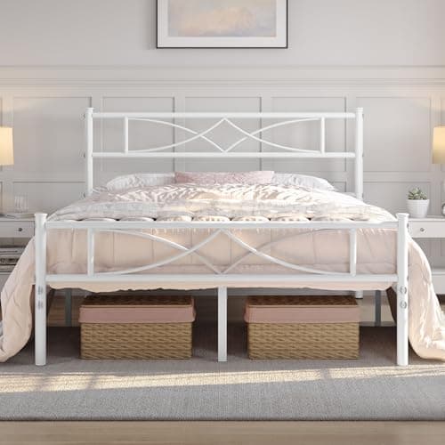 Image of Yaheetech 5ft King Bed Frames Metal Slatted Bed Platform with Curved Design Headboard and Footboard, Under-bed Storage, No Box Spring Needed, 12 Built-in Steel Slats, White