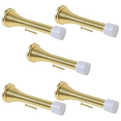 Image of Spring Door Stop Stopper Spring-Aside Doorstop Wall, Skirting or Door Fixings & Screws Pack of 5 Brass Plated