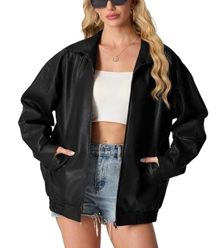Image of GRECERELLE Faux Leather Jacket Women with Zip Pockets Women's Jackets Long Sleeves Zip Up Motorcycle Jacket Bomber Jacket Womens Coat (Black,L)