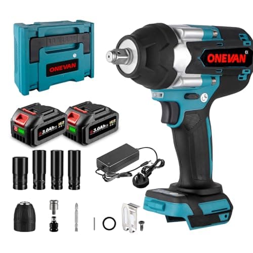 Image of ONEVAN Cordless Impact Wrench, 737.56ft-lb (1000NM) Brushless High Torque Impact Driver, 1/2 Inch Electric Impact Gun, with 4 Sockets, 2x3.0Ah Batteries, Hard Plastic Box, for Tyre Change
