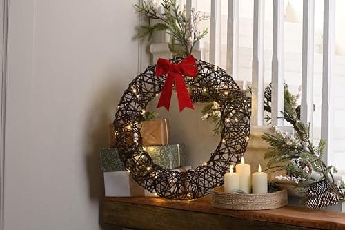 Image of Festive Productions 50cm Battery Operated Lit Christmas Wreath with Red Bow – 40 Warm White LED Lights & Timer Function