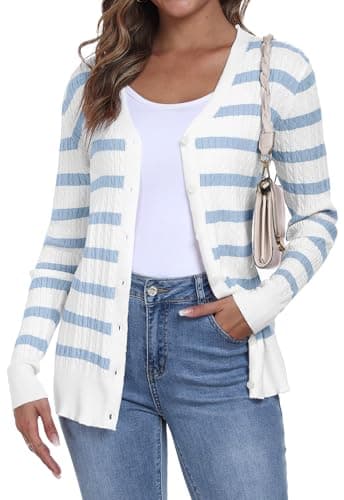 Image of YUNDAI Womens Stripe Cardigans V Neck Long Sleeve Lightweight Button Down Jumpers Cardigan Cable Knit Spring Fall Tops Small, White Stripe Blue