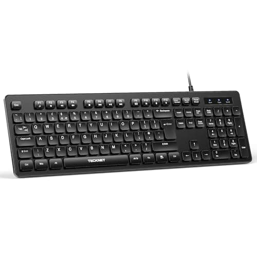Image of TECKNET Wired USB Keyboard, Full-Size Silent Office Keyboard with Numeric Keypad, Spill-Resistant Design, QWERTY UK Layout, Compatible with PC Laptop Desktop Windows/Mac – Black