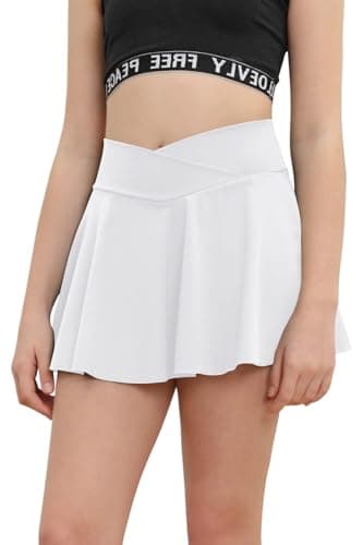 Image of Haloumoning Girls' Tennis Skirt with Pockets Inner Shorts Dance Skirt Golf Skorts Pleated Sports Skirt Children High Waist Summer Skirt Mini Skirt, White, 8-10 Years