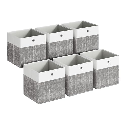 Image of SONGMICS Storage Boxes, Set of 6 Storage Cubes, Fabric Organiser Baskets with PP Panels, Odourless, Foldable for Cube Shelves, 26 x 26 x 28 cm, Cloud White and Cattail Gray RFB426GM02