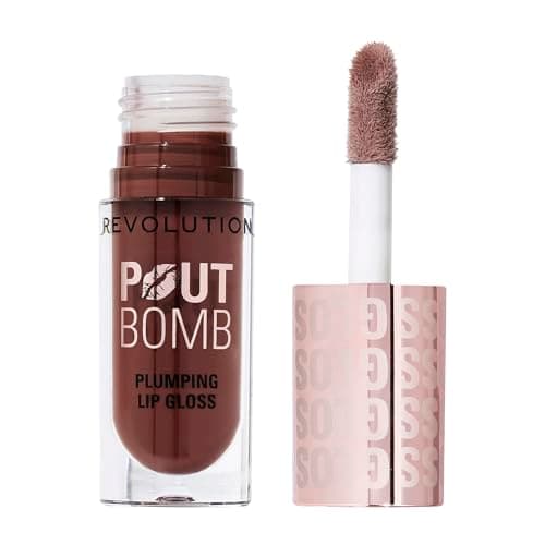 Image of Revolution Beauty, Pout Bomb Plumping Lip Gloss, High-Shine for Glossy, Fuller & Plump Lips with Hyaluronic Acid & Peptides, Vegan & Cruelty-Free, Espresso Cool Nude & Brown