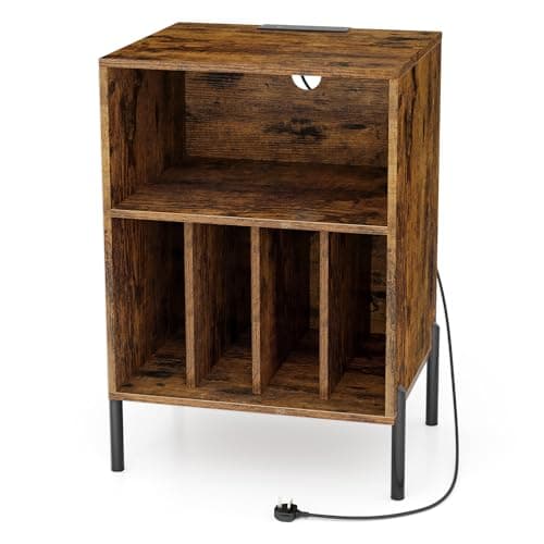 Image of CASART Record Player Stand, Turntable Stand with Charging Station, Metal Legs & Cable Hole, Vinyl Record Storage Cabinet Holds up to 150 Albums End Table for Living Room Bedroom (Rustic Brown)