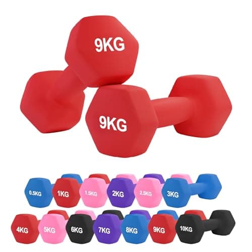 Image of Neoprene Dumbbell – Cast Iron Core Hex Shape Hand Weight with Anti-Slip Grip, Durable Rubber Coating for Strength Training, Home Gym, Fitness & Aerobic Exercise (0.5-10 kg) (9Kg Pair-Red)