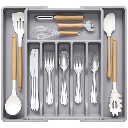 Image of Lifewit Extendable Cutlery Drawer Organiser, Adjustable Cutlery Tray, Plastic Adjustable Kitchen Storage Dividers for Utensil Spoons Forks Knives, 8 Compartments, 33-57 x 42cm, Grey