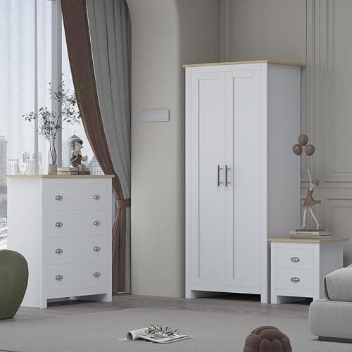 Image of AFN Home Country Style 3 Piece Bedroom Set - Wardrobe Chest Bedside (3 Piece Set) (White on Oak)