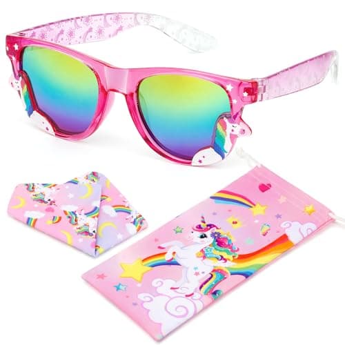 Image of Hifot Kids Sunglasses Girls, Unicorn Girls Sunglasses Kids Age 3-10Y, with Unicorn Glasses Pouch Cloth, Toddler Childrens Sun Glasses UV Protection for Summer Beach Outdoor Birthday Party Dress up