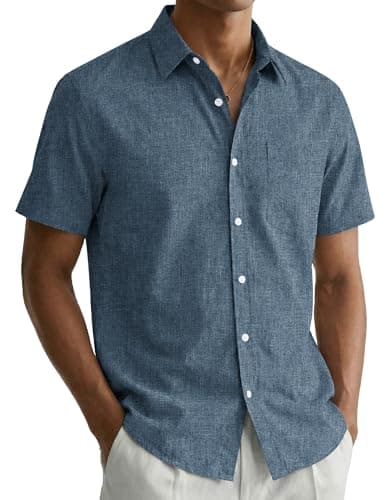 Image of COOFANDY Shirts for Men Short Sleeve Shirt Summer Casual Shirts Regular Fit Holiday Shirt with Pocket Gray/Blue XL