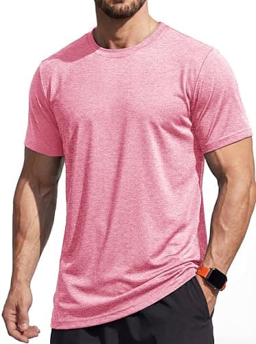 Image of MAGCOMSEN Running T Shirts Men Moisture Wicking Quick Dry Short Sleeve Tops Lightweight Breathable Gym Athletic T-Shirt Pink, M