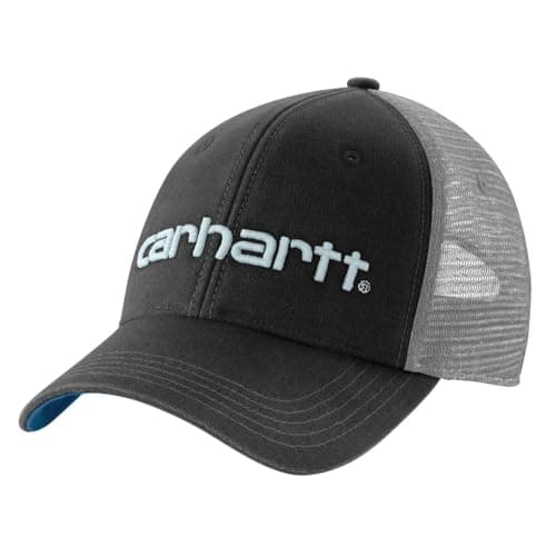 Image of Carhartt Men's Canvas Mesh-Back Logo Graphic Cap, Black/Dark Horizon Blue, One size