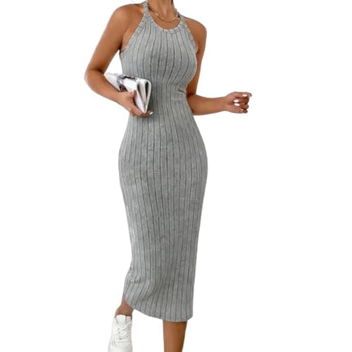 Image of Jersey Dresses for Women UK Summer Halter Neck Sleeveless Maxi Dress Ladies Casual Beach Holiday Boho Knitted Sundress Comfy Solid Color Ribbed Knit Jumper Dresses Backless Slim Fit Sexy Bodycon Gray