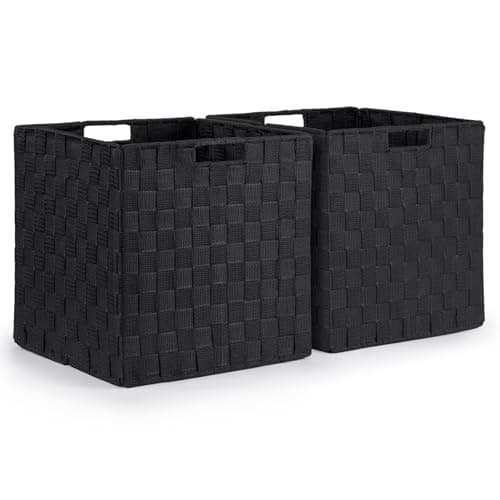 Image of EHC Set of 2 Large Foldable Woven Storage Baskets for Shelves, Collapsible Hamper Basket, Black