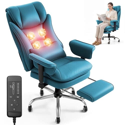 Image of Warmiehomy Massage Office Chair with 4-Point Heated, 155° Reclining, Ergonomic Office Chair with Footrest & Lumbar Pillow, Heavy Duty Executive Computer Chair for Home Office (Tech Fabric, Blue)