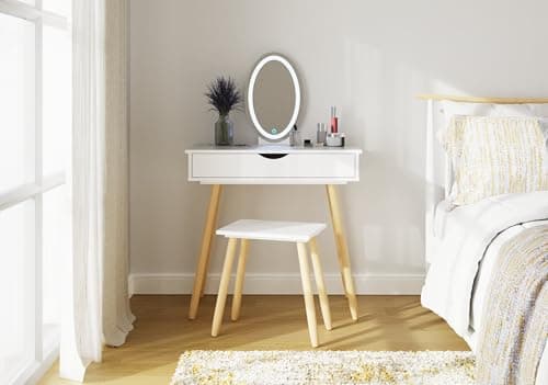 Image of GFW Signy Dressing Table Set White. Make Up & Hair Vanity Table With Drawer, Large Round Mirror with LED Lighting. Stool included Modern Makeup Desk For Bedroom, H124 x W80 x D40cm. White/Oak