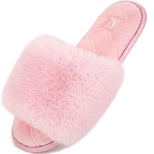 Image of LongBay Ladies' Fluffy Faux Fur Slippers Open Toe Memory Foam House Shoes for Women Indoor Outdoor Slides Pink,7-8