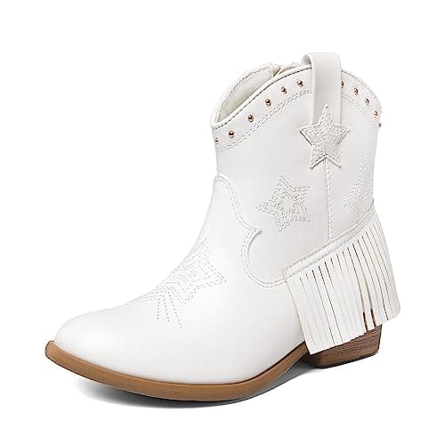Image of DREAM PAIRS Girls Cowgirl Cowboy Ankle Western Boots Side Zipper Riding Shoes with Tassel Little Kid/Big Kid,Size 13 Little Kid,White,SDBO2302K