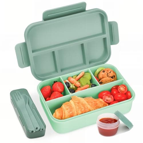 Image of Bugucat Bento Lunch Box 1300ML - Leak-Proof With 4 Compartments, Cutlery for Kids and Adults - Snack Box for School, Kindergarten, Office -Dgreen
