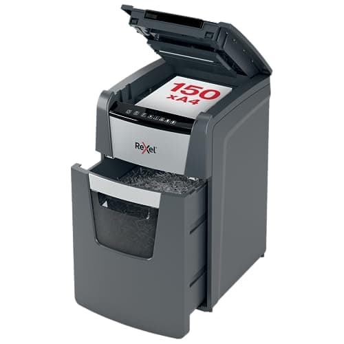 Image of Rexel Optimum Auto Feed+ 150 Sheet Automatic Micro Cut Paper Shredder, P-5 Security, Small Office Use, 44 Litre Removable Bin, 2020150M
