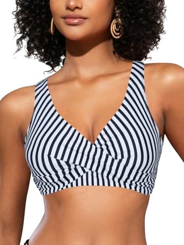 Image of SHEKINI Women's Bikini Tops V Neck Criss Cross Push Up Big Bust Wired Swimwear Top Tie Back Swim Top for Women UK Bikini Top Only, Black Striped, XL