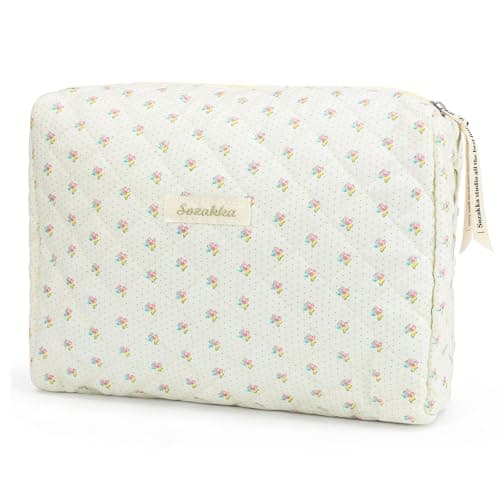 Image of Travel Toiletry Bag, Cotton Floral Travel Makeup Bag, Portable Cosmetic Bag, Traveling Makeup Storage Bag for Women Girls (Cherry-White)