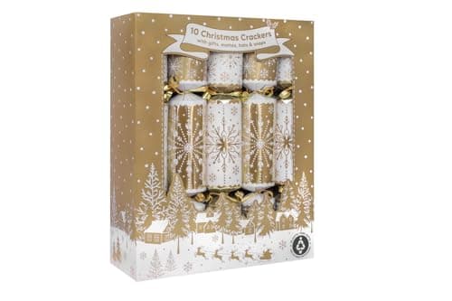 Image of RSW 10 Family Gold Snowflake 12" Crackers – Elegant White & Gold Christmas Crackers with Hats, Mottos & Festive Gifts – Perfect for Christmas Dinner
