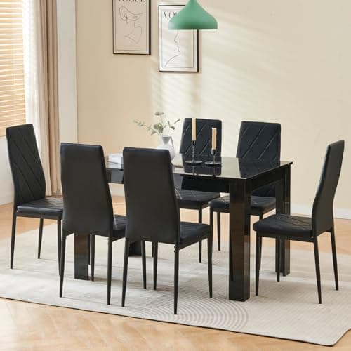 Image of Homullel 7 Piece Dining Room Table and Chairs Set for Dining Room Kitchen, Modern Black High Gloss Dining Table with 6 Black Leather Chairs for Family Dinner Set Space Saving