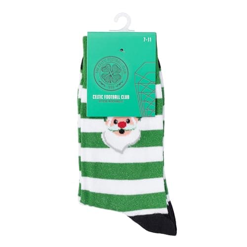 Image of Official Celtic FC Christmas Socks – Green & White Striped Santa Face Design – Men's & Boys Novelty Holiday Wear 7-11