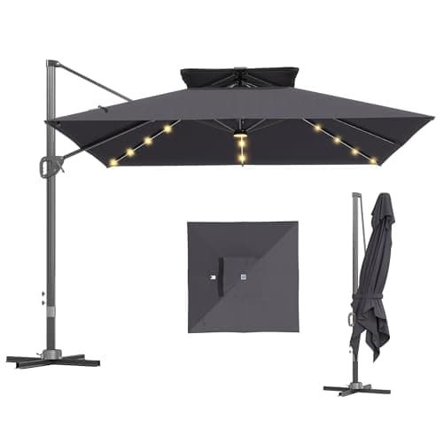 Image of Outsunny 3.5x3 m Garden Cantilever Parasol with Solar LED Lights and Centre Light, UPF50+ Aluminium Patio Umbrella with 360° Rotation and Tilt, Hanging Sun Shade with Cross Base, Crank Handle, Grey