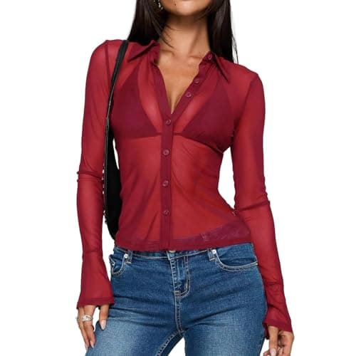 Image of Women’s Sheer Button Up Shirt Y2K Long Sleeve Lapel V Neck Mesh Top Vintage See Through Basic Blouse Streetwear (Red, XL)