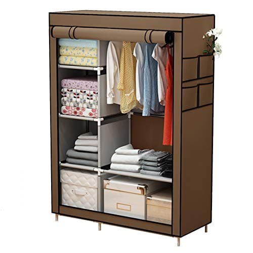Image of YAYI Canvas Wardrobe Portable Wardrobe Clothes Storage With 6 Shelves and Hanging Rail,Brown
