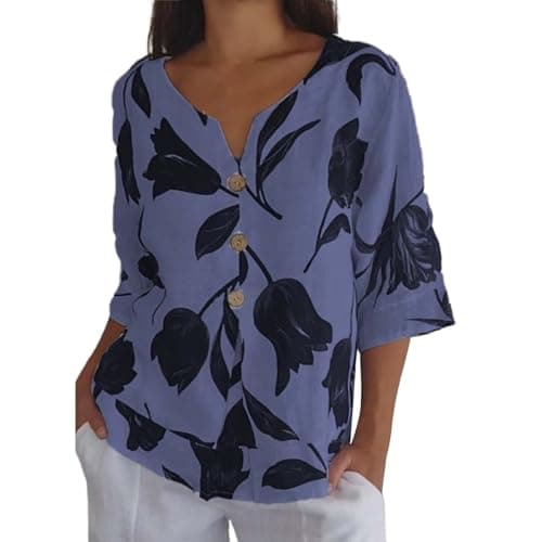 Image of women's blue striped blouse, linen blouses, cold shoulder top, petite clothes, ladies short sleeve tops, womens 3/4 sleeve tops, sleeveless polo shirts for women