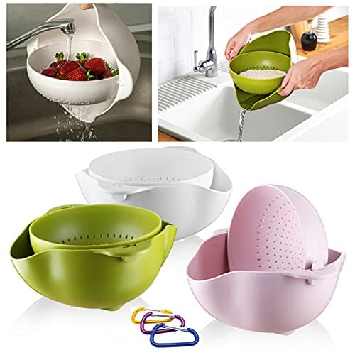 Image of 360° Handled COLANDER 2.2L & PK3 Carabiner Clips -Pasta DRAINER, Wash Fruit & Veg, STEAMER Basket, STRAINER Basket, Sieve & Serve (2 in 1 STRAINER Colander Bowl Set)