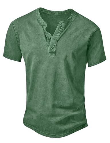 Image of Anelune Men's Distressed Henley Shirts Vintage Short Sleeve T-Shirt Washed Cotton Casual V-Neck Button Tee Tops Army Green L