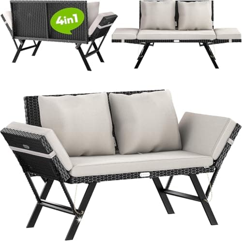 Image of CASARIA® Polyrattan Garden Bench With Reclining Function | Includes Cushion | Adjustable Armrests | Weatherproof Outdoors Patio Terrace Balcony Sofa Couch Lounger | Black