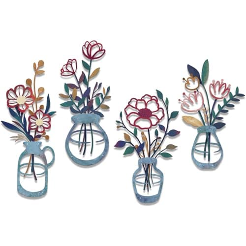 Image of twinklemon 4 Pcs Colorful Metal Flowers Wall Art Decoration, Minimalist Line Vase Hanging Wall Decor, Floral Artwork Sculptures Decor for Bedroom Living Room Bathroom Kitchen Home Hallway Stairs