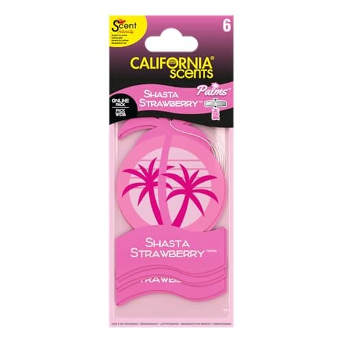 Image of California Scents Palms, Car Air Fresheners for Hanging, Shasta Strawberry Scent, Set of 6, New Car Smell, Strong Long-Lasting Fragrance, Eliminates Odour, Ideal for Car Detailing