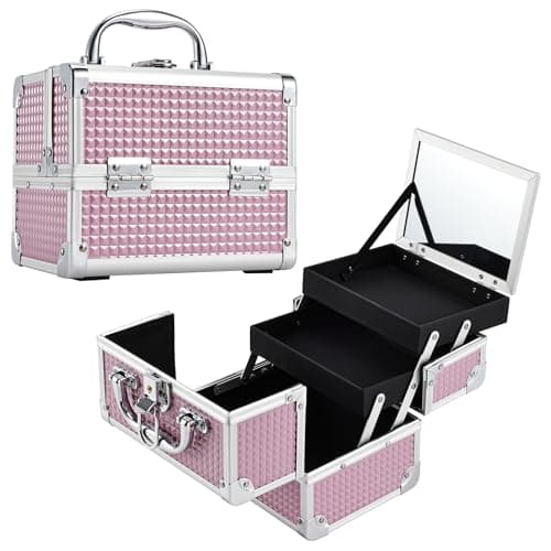 Image of Joligrace Vanity Case Makeup Organiser Box Beauty Case Nail Polish Organiser Box Make Up Case with Mirror, 2 Trays, Lockable, Size: 19.5 x 15 x 16cm (Pink)